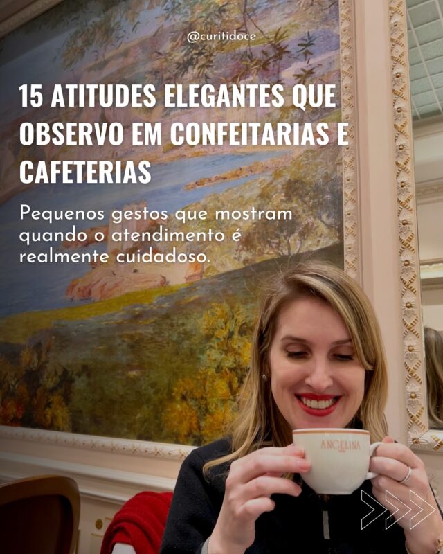 Você já entrou em uma confeitaria ou cafeteria e percebeu que algo ali era diferente?
Pequenos gestos, detalhes do atendimento, atenção no jeito de servir... tudo isso pode transformar uma pausa para o café em uma experiência memorável.

Como especialista em visitar lugares doces há mais de 10 anos com o Curitidoce, fui anotando o que me encanta (e o que deveria ser padrão).
Aqui vão 15 atitudes elegantes que, pra mim,  mostram que o estabelecimento valoriza o cliente.

Quer ver a lista completa? Arrasta o carrossel!

E me conta nos comentários:
Qual desses gestos você mais valoriza?
E o que mais você acha elegante em um lugar assim?

Vamos aumentar essa lista juntos?

#Curitidoce #EtiquetaGastronômica #CafeteriasDeCuritiba #ConfeitariaComEstilo #DicasDeCafeteria #Curitiba